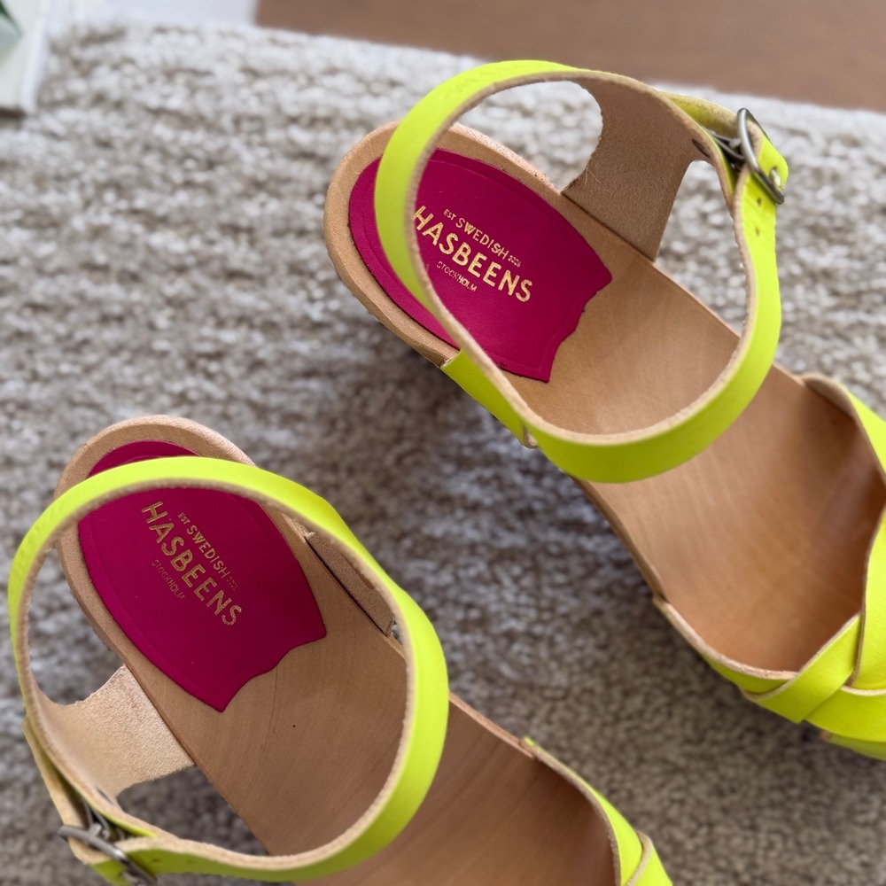 NEW SWEDISH HASBEENS KRINGLAN NEON Yellow Leather Platform Clog Sandals Women 9 - Picture 5 of 13